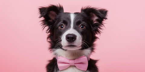 Fototapeta premium Adorable dog portrait with pink bow tie studio setting pet photography whimsical environment close-up view animal charm for seo impact