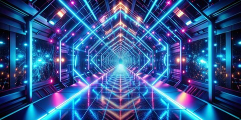 Obraz premium Abstract Digital Tunnel: Blue Neon Lights, Tilt-Shift Miniature Effect Stock Photo