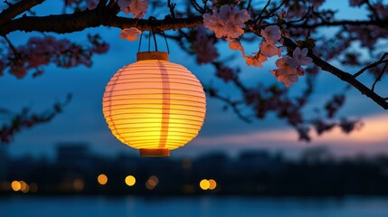 Obraz premium A glowing lantern hanging from a tree branch at dusk.