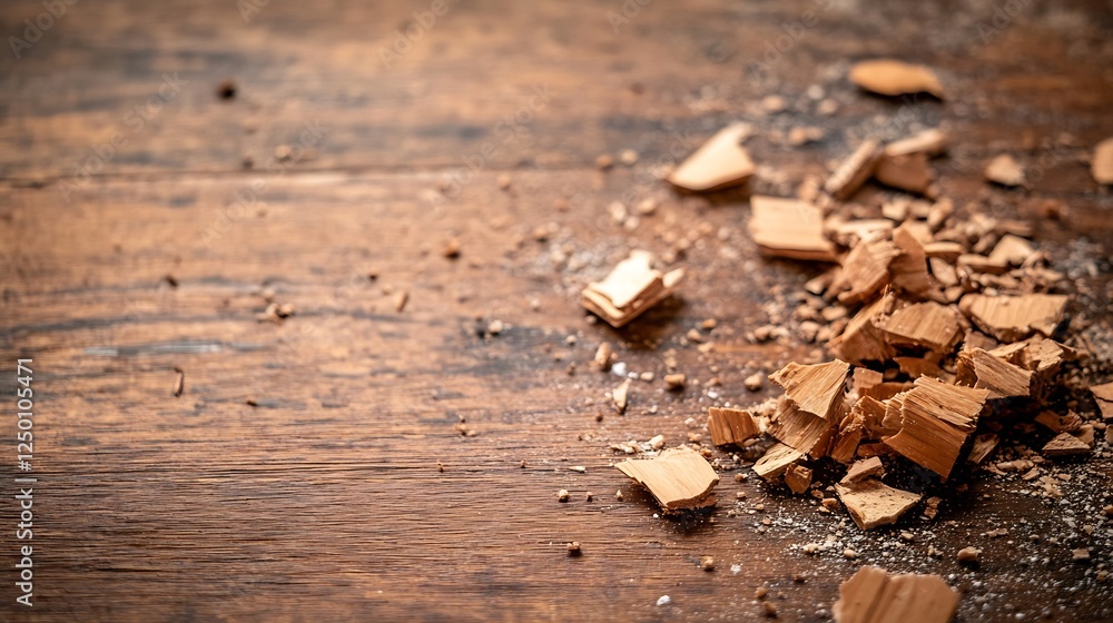 Poster rustic wood chunks and sawdust on a table for craft projects : generative ai