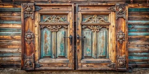 Obraz premium Distressed wooden saloon doors with intricate carvings and ornate hardware hang on an old wooden frame, adding a touch of rustic charm to any room , traditional design, old wooden