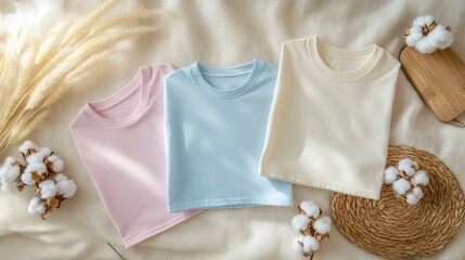 Neatly folded pastel T-shirts on a linen surface, arranged in a stylish flat lay