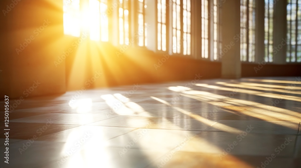 Poster Golden Sunlight Streaming Through Windows Creating Gorgeous Light Rays on Floor : Generative AI