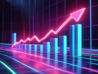Visualizing Growth: Neon Bar Chart Shows Upward Trend with Bright Arrow, Illustrating Progress and Success in Business.