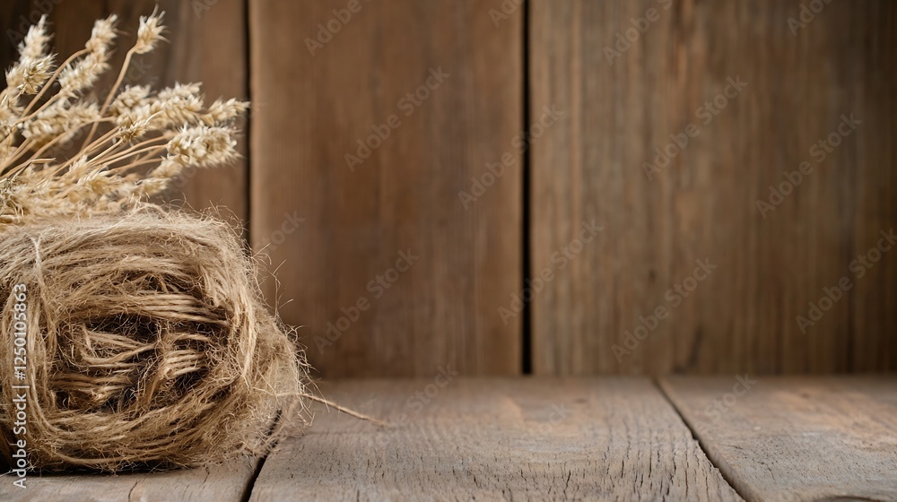 Leinwandbilder natural rustic wooden table with jute twine and dried flowers creating a serene atmosphere : generat