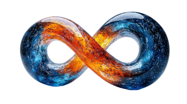 A stunning glass infinity symbol featuring vibrant orange and blue colors, capturing the essence of eternity and creativity for various design projects.