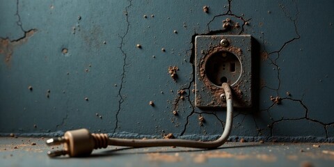 A Dusty Electrical Outlet and Cord on a Cracked Wall