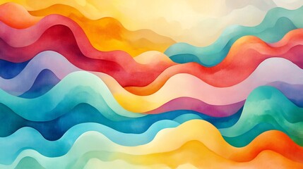 Vibrant watercolor waves flow gently creating a joyful abstract landscape. AI Generated