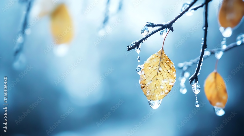Poster close-up of yellow autumn leaves with raindrops and soft blue background : generative ai