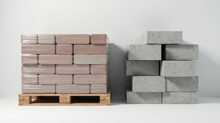 A pallet of wrapped bricks juxtaposed with a stack of concrete blocks, a visual representation of building materials ready for construction projects.