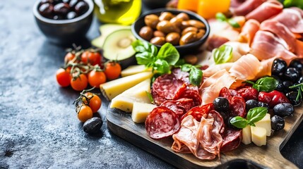 Fototapeta premium Delicious and Colorful Charcuterie Board with Meats Cheeses and Fresh Produce : Generative AI