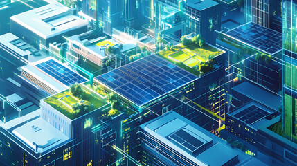 A city hologram showing solar-powered urban cooling systems integrated with green infrastructure. Solar-Powered Cities. Illustration