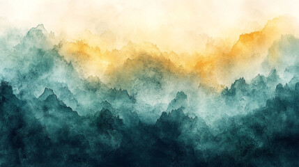Serene Misty Mountains Watercolor Landscape Painting Art Teal Gold Fog Sky View Scene Hills Image   