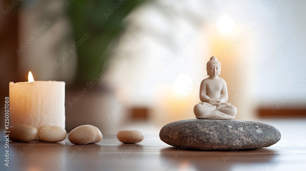 Poster tranquil buddha statue surrounded by soft candles and stones for zen atmosphere : generative ai