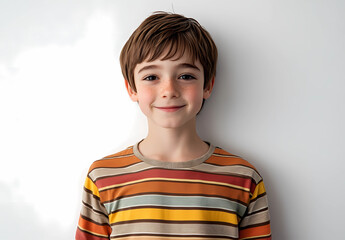 A young boy with a red nose and a striped shirt is smiling