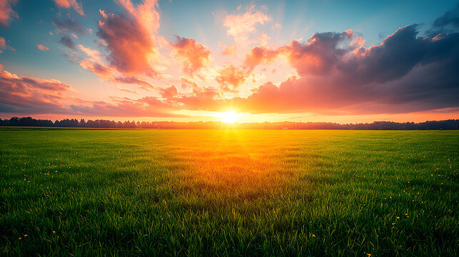 Sunset over Green Field: A breathtaking panoramic view of a vibrant green field bathed in the golden light of a spectacular sunset.  The sky is ablaze with fiery orange and pink hues.