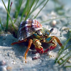Colorful Hermit Crab on Sandy Ocean Floor