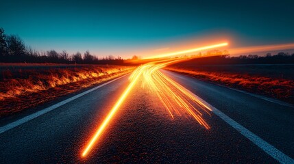 Dynamic light streaks paint vibrant orange across a dark country road at twilight. AI Generated