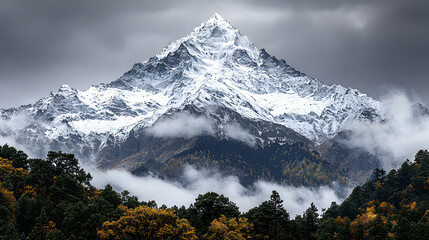Majestic Snow-Capped Peak: A breathtaking panoramic view of a snow-capped mountain peak piercing through dramatic clouds, with autumnal forests nestled at its base.