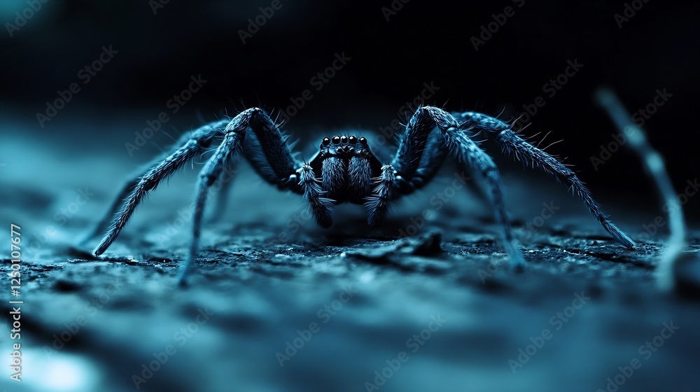 Poster close up of a blue spider with details on its legs and body captured in dark environmnet : generativ