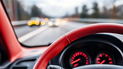 Red Steering Wheel in a Car with Blurred Traffic in Background Capturing the Essence of Driving Experience : Generative AI