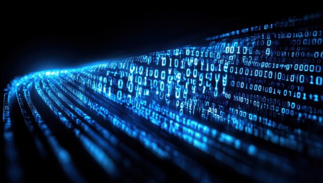 Abstract flowing binary code data stream.