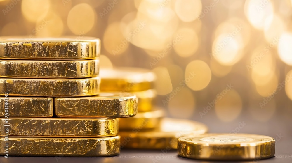 Poster stack of shiny gold coins with blurred golden bokeh background symbolizing wealth and prosperity : g