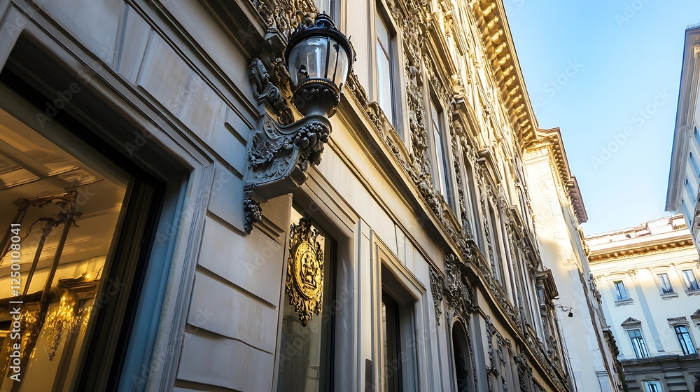 Aufkleber elegant historical building facade with ornate architecture and vintage lantern glowing in the sunli