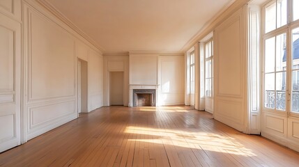 Obraz premium Spacious and Bright Empty Room with Large Windows and Wooden Floorboards : Generative AI