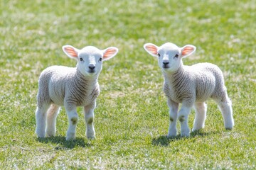 Fototapeta premium Two lambs stand on grass in a field, in bright daylight, for a spring nature photo