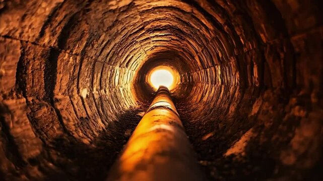 A view inside a large, cylindrical pipe or tunnel, illuminated by light at the far end, with rough stone walls.
