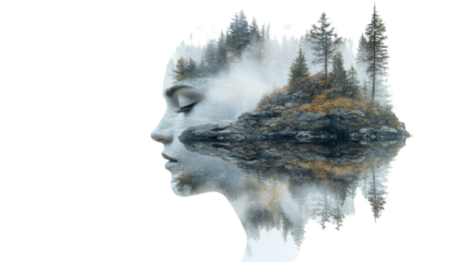 A surreal depiction of a woman's profile blended with natural landscapes, symbolizing tranquility and connection to nature.