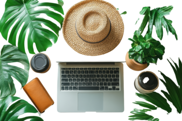 A stylish workspace featuring a laptop, trendy hat, coffee cups, and vibrant plants, creating a perfect blend of productivity and relaxation.