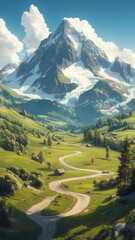 Fototapeta premium A winding dirt road meandering through lush green meadows leading to a majestic mountain peak 
