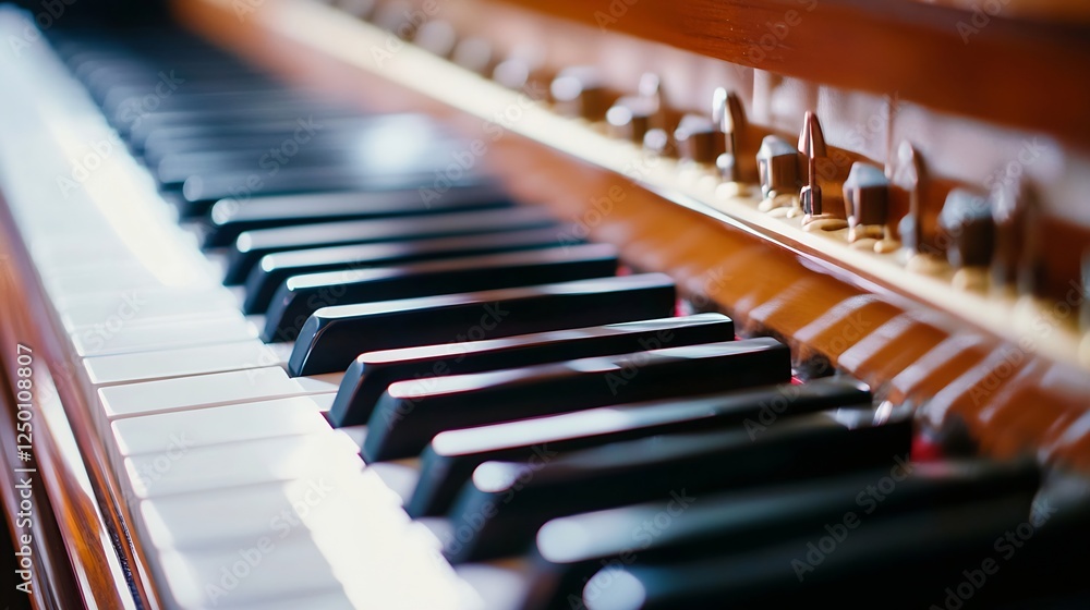 Poster close up view of piano keys highlighting glossy surface and intricate craftsmanship : generative ai
