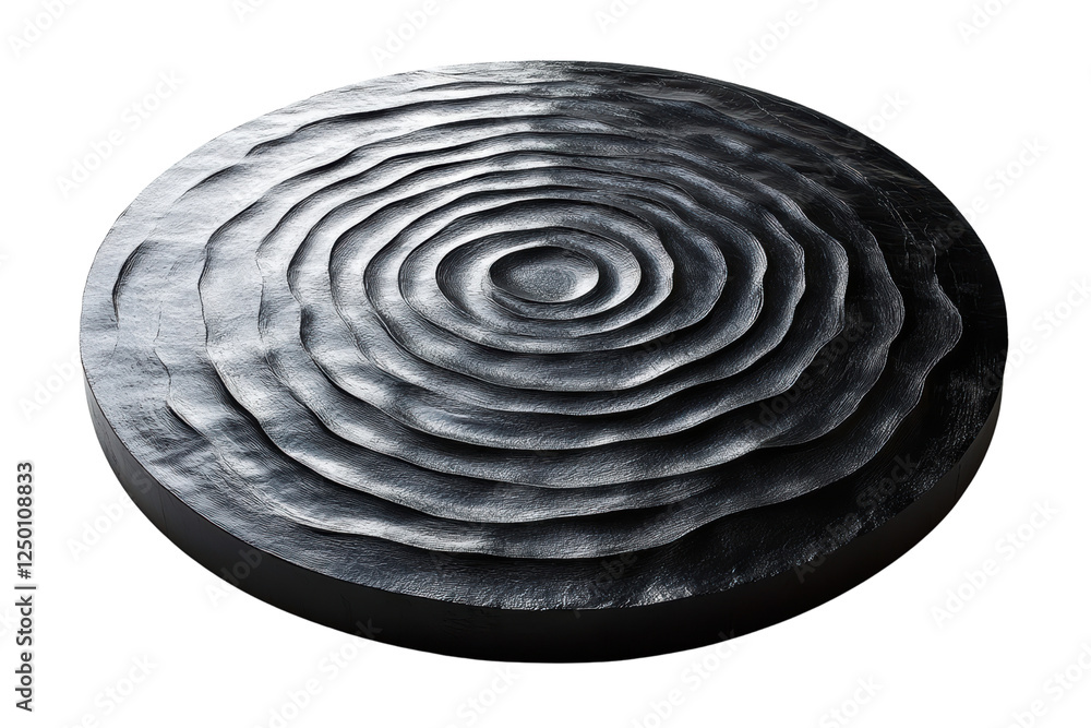 Poster A textured black stone with concentric circular grooves, perfect for design projects or as a decorative element. Unique and striking appearance.