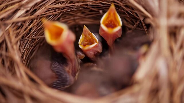Close-up of baby birds with wide-open beaks, eagerly waiting to be fed in their nest, symbolizing nature survival instinct.