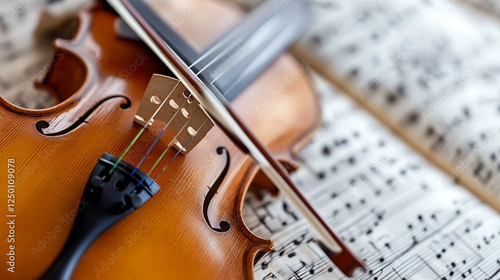 Aufkleber Close Up of a Classic Violin with Sheet Music in a Warm and Artistic Setting : Generative AI