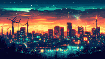 Fototapeta premium A pixel art depiction of a solar-powered city with animated wind turbines and glowing lights in a retro style. Solar-Powered Cities. Illustration