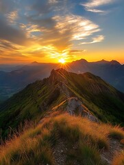 Obraz premium Breathtaking Sunset Over Mountain Peaks with Vibrant Sky Colors and Scenic Landscape Beauty : Generative AI