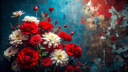 Abstract Red & White Flowers Blue Background Urban Exploration Stock Photo