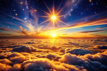 Obraz premium Sunrise bathes a fantasy ocean of clouds in celestial radiance. Spiritual awakening, heavenly art.