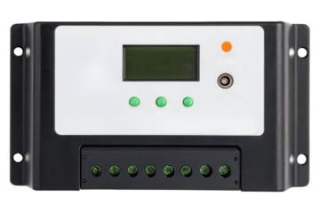 Solar panel charge controller with digital display isolated with transparent background