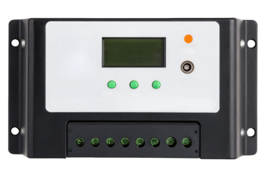 Solar panel charge controller with digital display isolated with transparent background