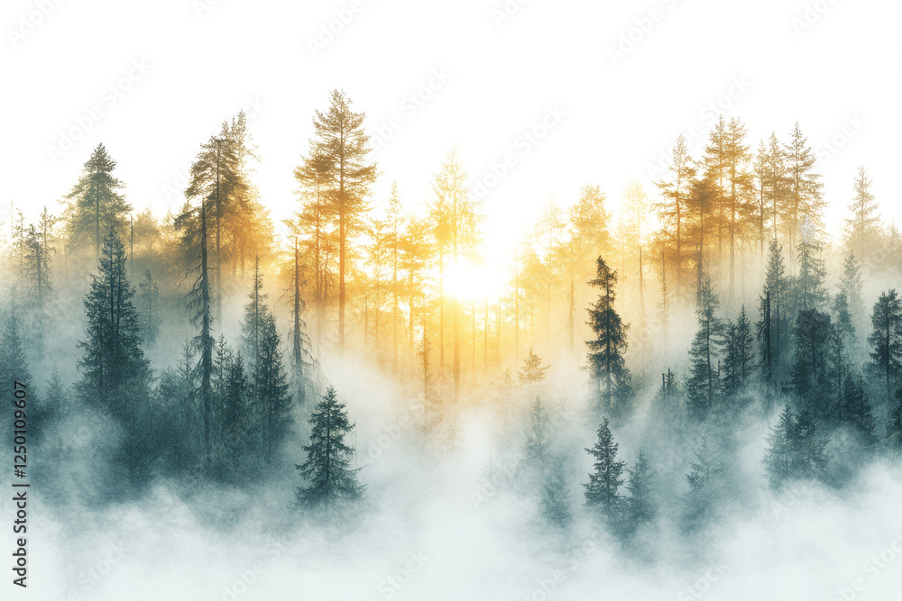 Aufkleber A tranquil forest scene with tall trees shrouded in mist, illuminated by the soft glow of sunlight emerging through the fog, creating a serene atmosphere.