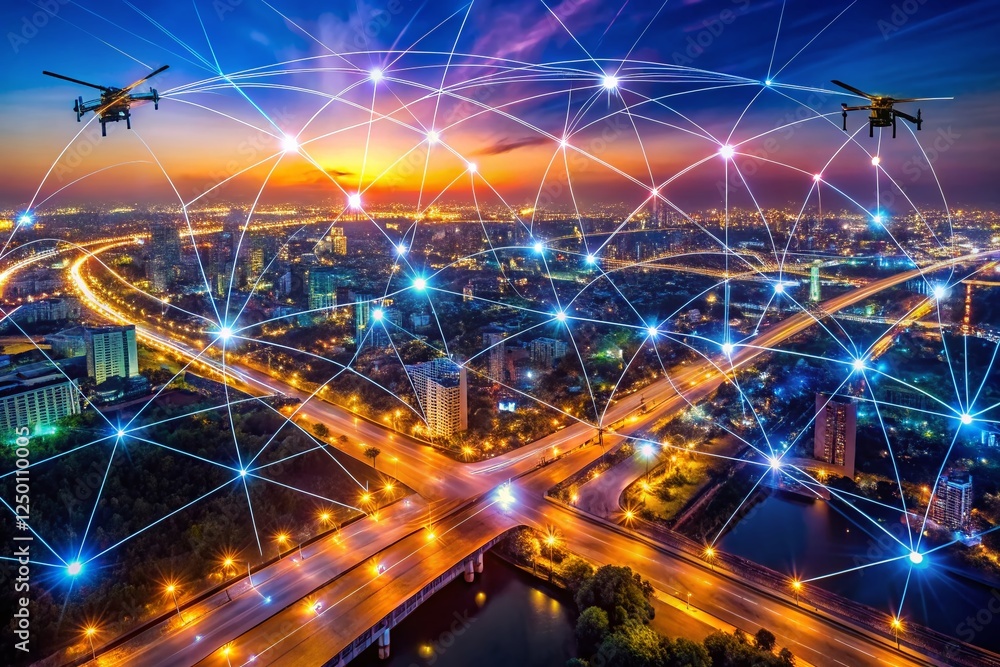 Poster abstract technology network connection: aerial drone view of futuristic data flow