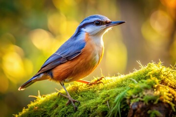 Fototapeta premium Nuthatch clings to bark, a vibrant splash against a breathtaking landscape.