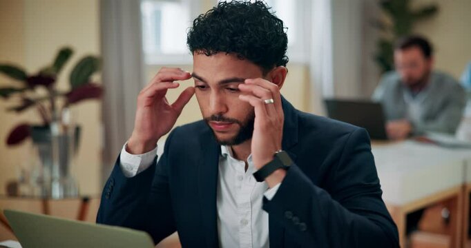 Business, man and stress with headache in office for accounting mistake, laptop glitch and burnout. Male person, fatigue and online with migraine for brain fog, investment fail and deadline challenge