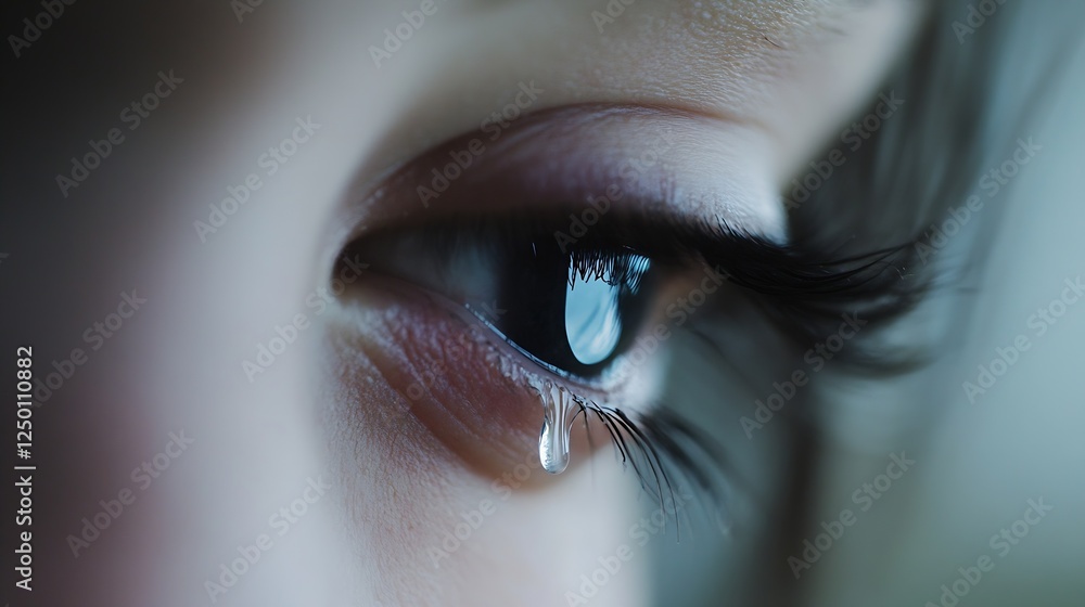 Poster close up of a tear drop sliding down a beautiful eye in natural light : generative ai