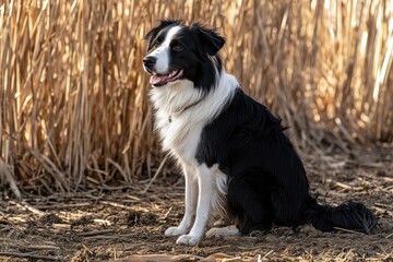 Fototapeta premium Border Collie sits in field, autumn backdrop, pet photography